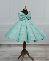 AQUA Marine Blue Panel Gown Highlighted with Handcrafted Pink Butterfly Patches.