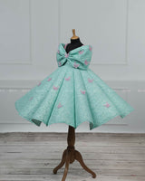 AQUA Marine Blue Panel Gown Highlighted with Handcrafted Pink Butterfly Patches.