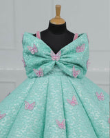 AQUA Marine Blue Panel Gown Highlighted with Handcrafted Pink Butterfly Patches.