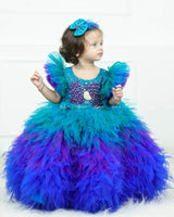 Peacock Double Shaded Feather Frill with Heavy Intrecated Handwork on Yoke