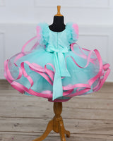 Moonlight- Pale turquoise Twirled Party wear Gown with pink Flowers.