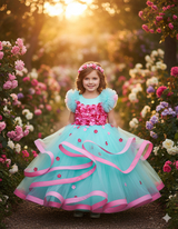 Moonlight- Powder Blue Twirled Party wear Gown with pink Flowers