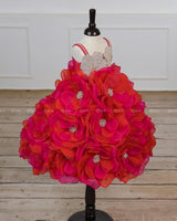 Pink and Orange Short Frock Highlighted with Hand Embellished Flower Petals.