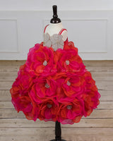 Pink and Orange Short Frock Highlighted with Hand Embellished Flower Petals.