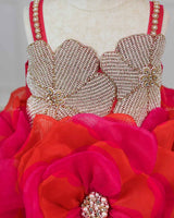 Pink and Orange Short Frock Highlighted with Hand Embellished Flower Petals.