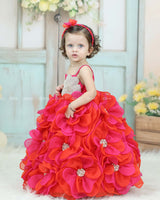 Pink and Orange Short Frock Highlighted with Hand Embellished Flower Petals.