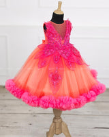 coral and fuchsia pink party wear gown with heavy and crafted yoke and petal detailing