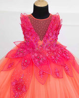 coral and fuchsia pink party wear gown with heavy and crafted yoke and petal detailing