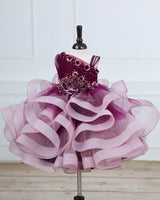 Plum Purple and Onion Pink ombre shaded pleated one shoulder couture gown