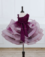 Plum Purple and Onion Pink ombre shaded pleated one shoulder couture gown