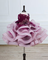 Plum Purple and Onion Pink ombre shaded pleated one shoulder couture gown
