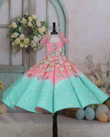 Dark flamingo pink and sea green Panel Gown with Heavy Embellished Flowers