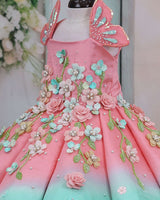 Dark flamingo pink and sea green Panel Gown with Heavy Embellished Flowers