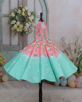Dark flamingo pink and sea green Panel Gown with Heavy Embellished Flowers