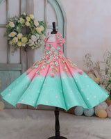 Dark flamingo pink and sea green Panel Gown with Heavy Embellished Flowers
