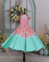 Dark flamingo pink and sea green Panel Gown with Heavy Embellished Flowers