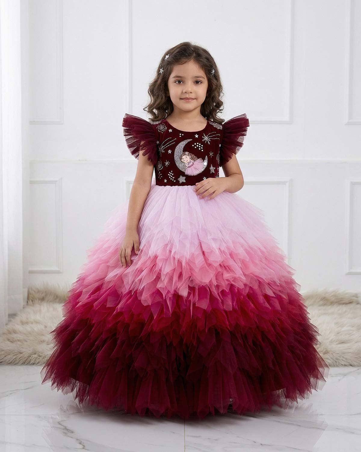 Burgundy Fairy Moon Theme Feather Frill Gown www.liandli.in Burgundy Fairy Moon Theme Feather Frill Gown www.liandli.in