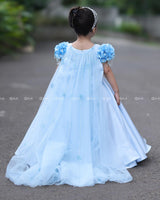 Dreamy Sky Blue Gown With Floral Puff Sleeves Adorned With Crystal Hangings, Handworked Belt And Long Veil.