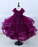 Plum Purple twirled gown with multicolored pastel flower embellished yoke and hand crafted bow
