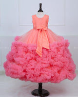 Rose Pink Netted Frilled Fluffy Gown with White Crystal and Beads Work