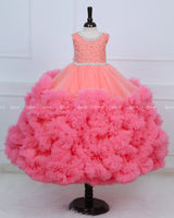 Rose Pink Netted Frilled Fluffy Gown with White Crystal and Beads Work