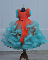 Swan Theme Tangerine Orange and Aqua Blue Color Gradient Swirled Gown