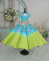 Lime Green and Turquoise Blue Panel Gown with Heavy Embellished Flowers