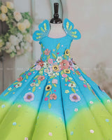 Lime Green and Turquoise Blue Panel Gown with Heavy Embellished Flowers