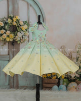 Sage Green and Macaron Yellow Panel Gown with Heavy Embellished Flowers