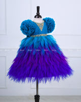 Peacock Double Shaded Feather Frilled Gown With Golden Bead Works