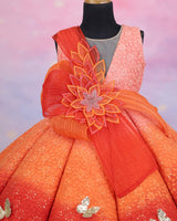 Dark Orange and Light Orange Double Shaded Panel Gown with Fabric Manipulated Twirled Detachable Belt.