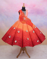 Dark Orange and Light Orange Double Shaded Panel Gown with Fabric Manipulated Twirled Detachable Belt.