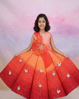 Dark Orange and Light Orange Double Shaded Panel Gown with Fabric Manipulated Twirled Detachable Belt.