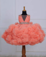 Flamingo Peach Cloudy Frilled Gown with Handcrafted Beaded Waistline.