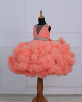 Flamingo Peach Cloudy Frilled Gown with Handcrafted Beaded Waistline.