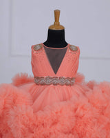 Flamingo Peach Cloudy Frilled Gown with Handcrafted Beaded Waistline.