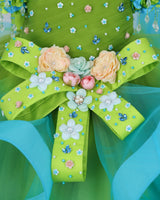 Lime–Turquoise Floral Twirl Gown with Handcrafted Bows, Crystal Hangings & Veil