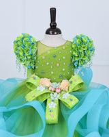 Lime–Turquoise Floral Twirl Gown with Handcrafted Bows, Crystal Hangings & Veil