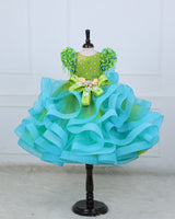 Lime–Turquoise Floral Twirl Gown with Handcrafted Bows, Crystal Hangings & Veil