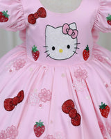 Satin Puff-Sleeve Sequin Character-Themed Hello Kitty Full-Length Gown - Baby Pink