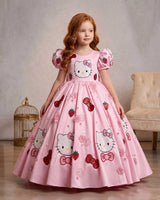 Satin Puff-Sleeve Sequin Character-Themed Hello Kitty Full-Length Gown - Baby Pink