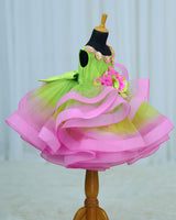 Net Sleeveless Twirl-Layered Floral Full-Length Gown – Lime Green & Pink(New)