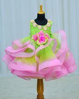 Net Sleeveless Twirl-Layered Floral Full-Length Gown – Lime Green & Pink(New)