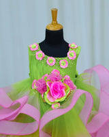 Net Sleeveless Twirl-Layered Floral Full-Length Gown – Lime Green & Pink(New)