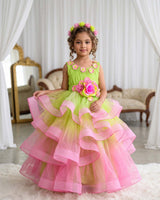 Net Sleeveless Twirl-Layered Floral Full-Length Gown – Lime Green & Pink(New)