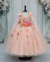 Net Sleeveless Princess Character Full-Length Gown with Sleeve Trails & Detachable Bow- Peach(New)(Bestseller)