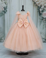 Net Sleeveless Princess Character Full-Length Gown with Sleeve Trails & Detachable Bow- Peach(New)(Bestseller)