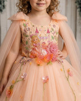 Net Sleeveless Princess Character Full-Length Gown with Sleeve Trails & Detachable Bow- Peach(New)(Bestseller)