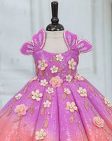 Sequined Sleeveless Crown-Patch Butterfly Floral Full Length Panel Gown - Orchid & Peach(New)