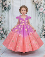 Sequined Sleeveless Crown-Patch Butterfly Floral Full Length Panel Gown - Orchid & Peach(New)